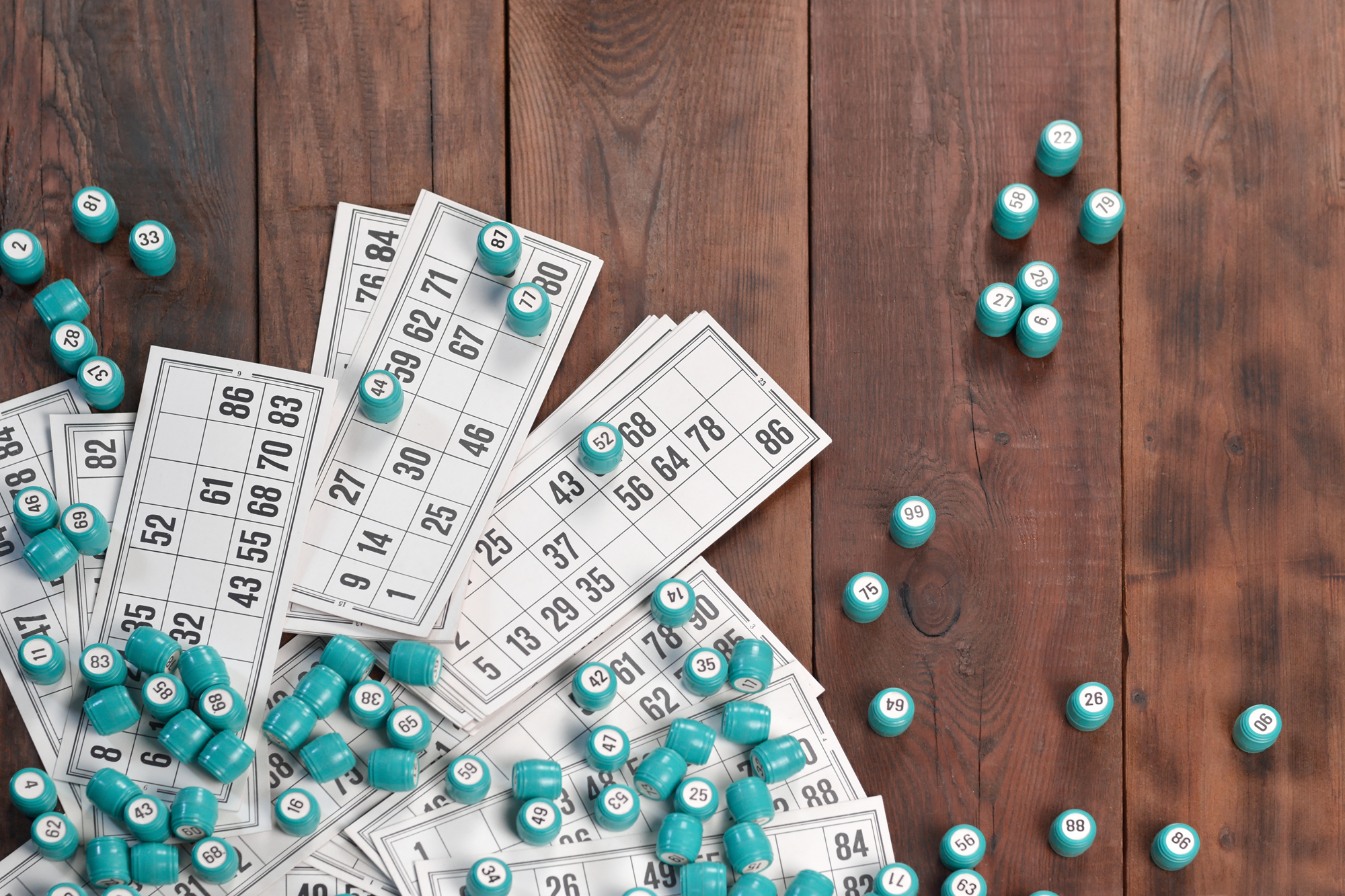 bingo and lottery cards and gaming pieces