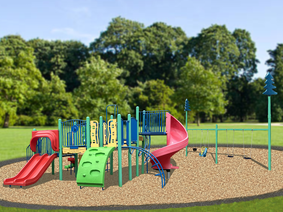 a rendering of a playground with slides and climbing structure.