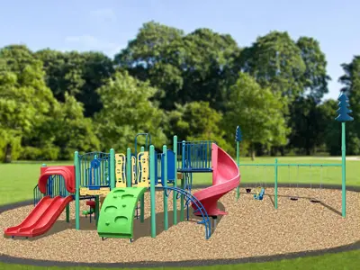 a rendering of a playground with slides and climbing structure.