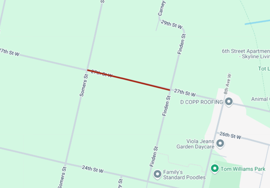 A map idnicating aroad closure on 27th street between somers and finden