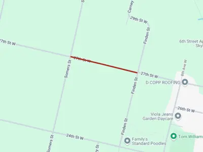 A map idnicating aroad closure on 27th street between somers and finden