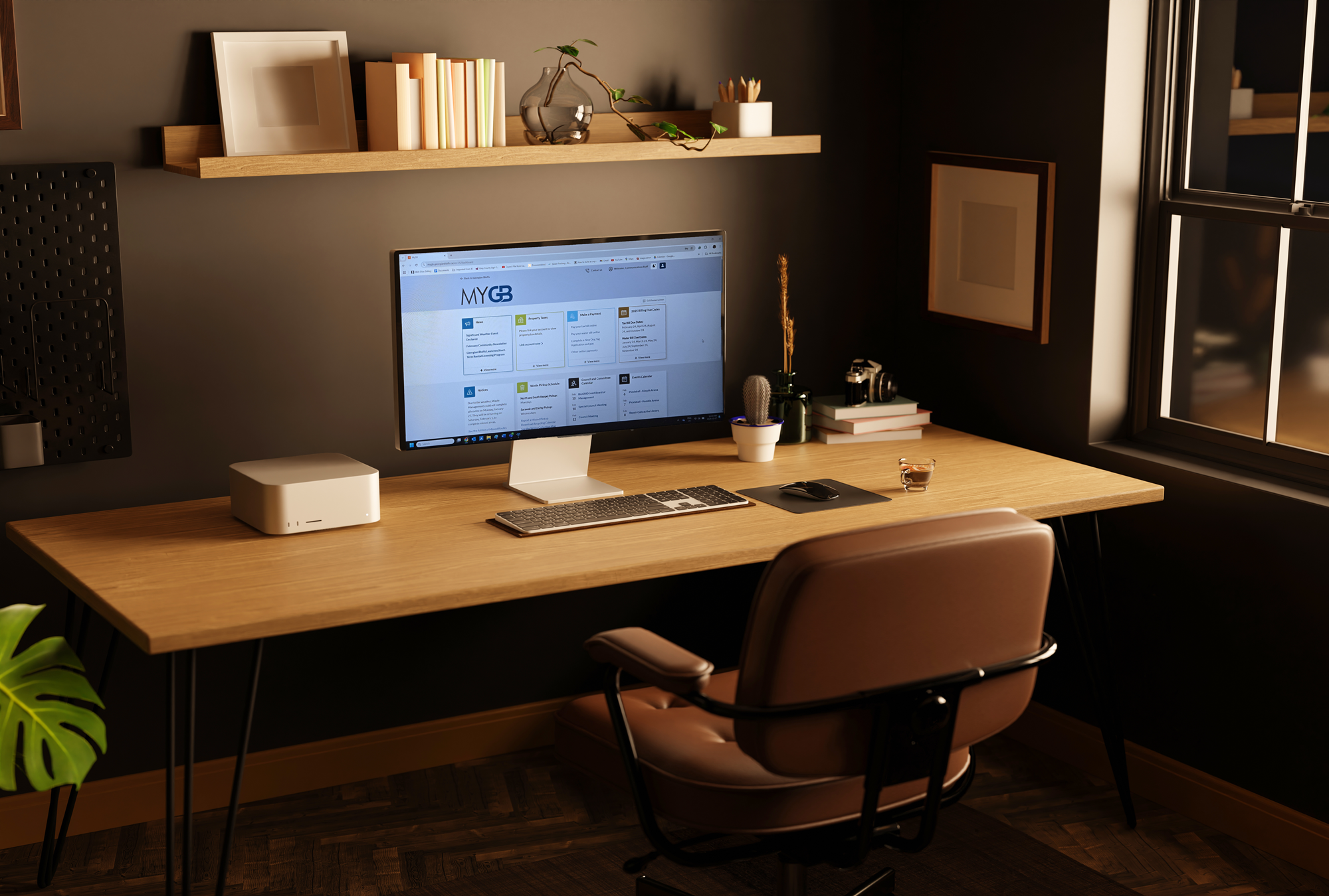 COzy home office with My GB loaded on the laptop screen.