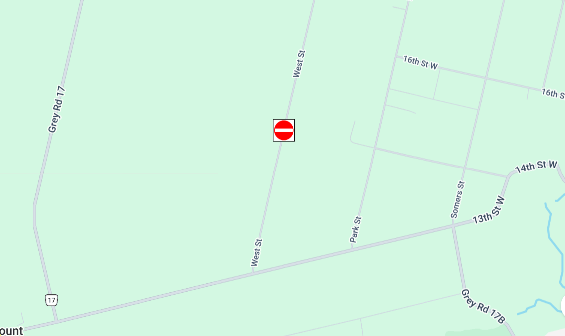 a map maring a road closure on west street between grey road 17b and vaultworks road