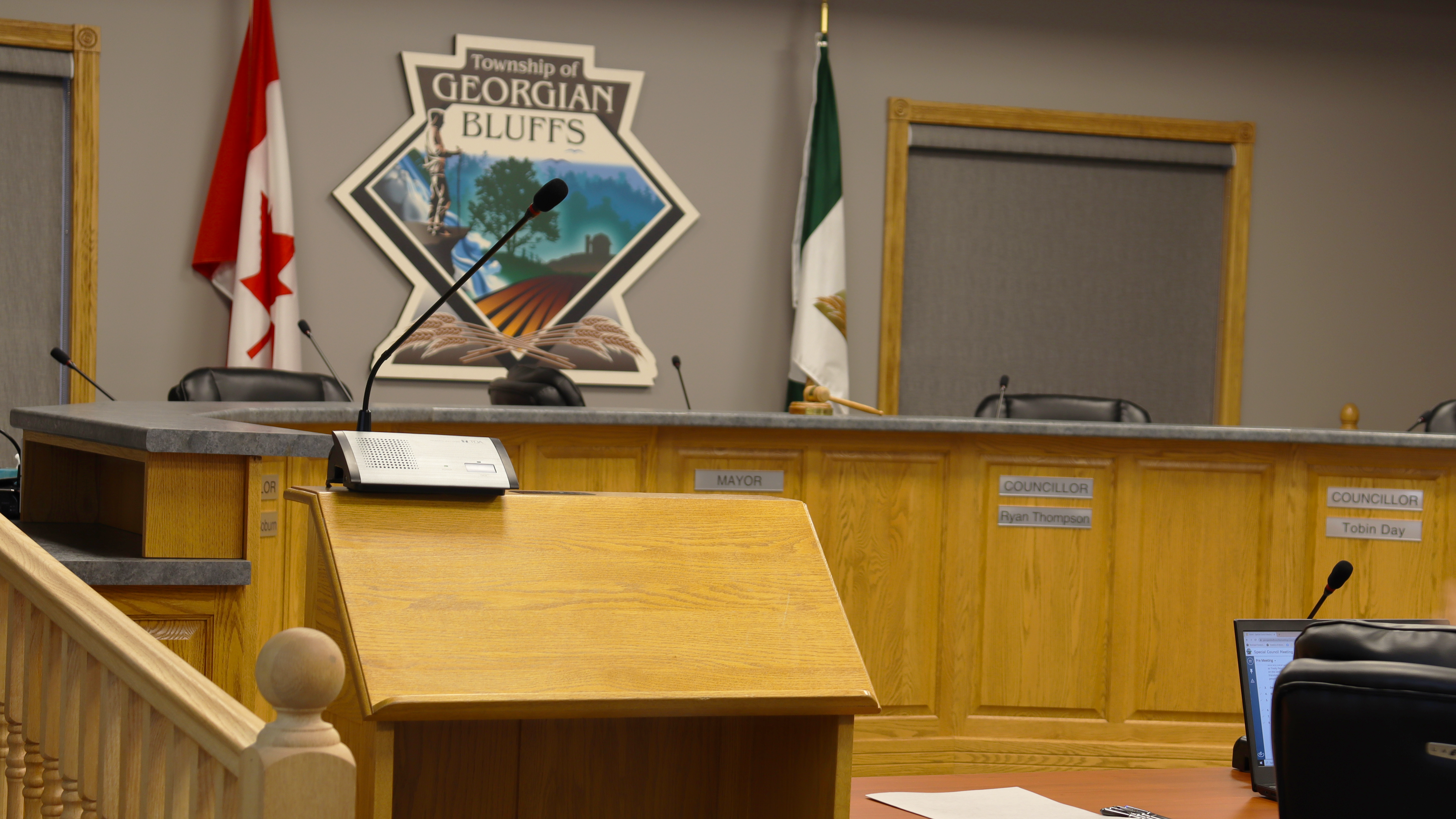 A podium in georgian bluffs council chambers