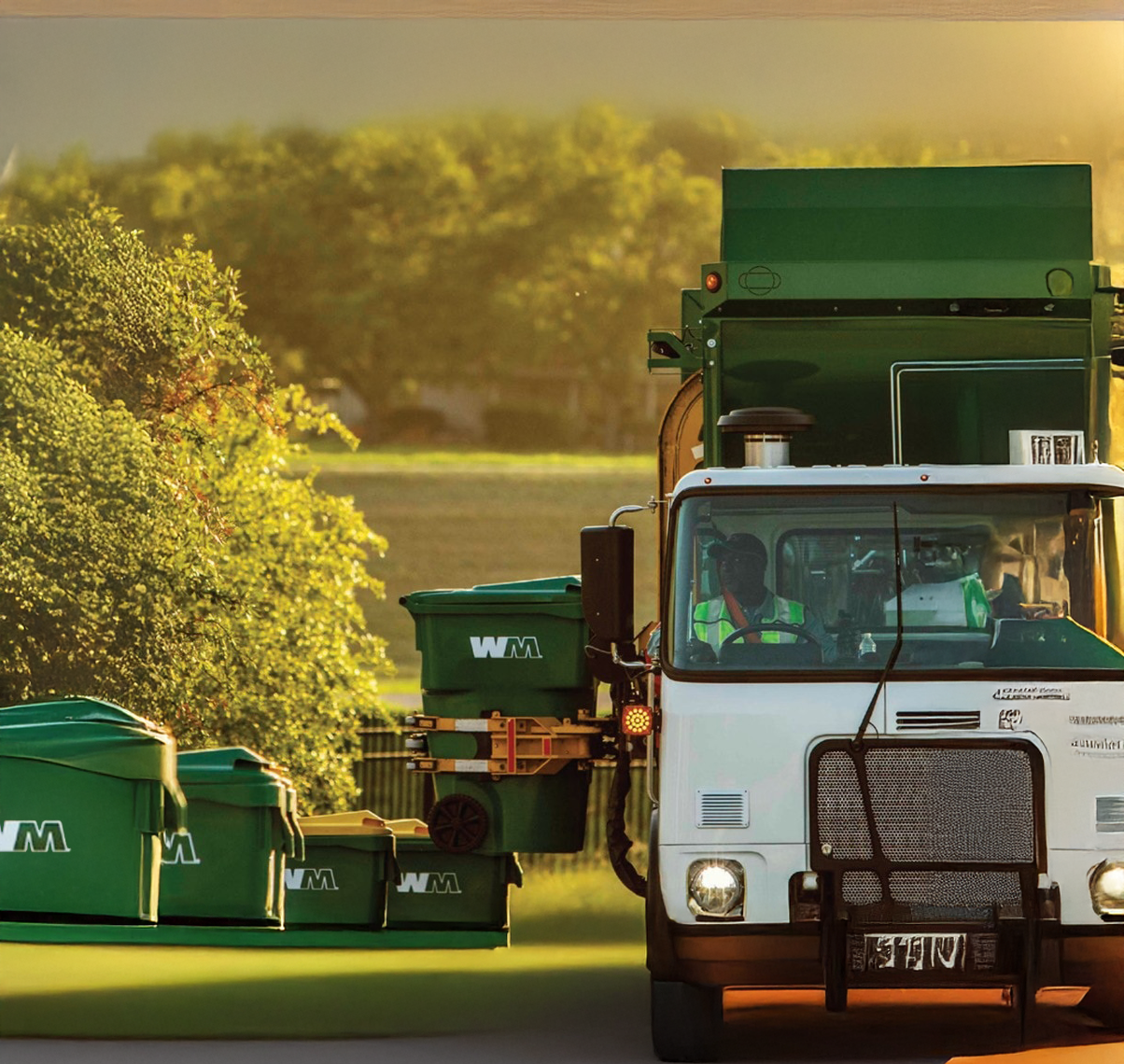 A garbage truck lifting up a can on a country road.