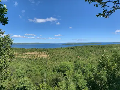 a view of trees and teh bay in the background
